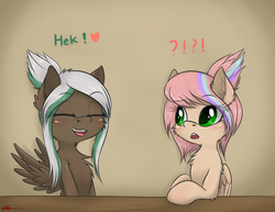 Size: 2500x1933 | Tagged: safe, artist:orang111, oc, oc only, oc:lynn, oc:sweet skies, pegasus, pony, :3, :<, :o, alternate hairstyle, cheek fluff, chest fluff, chin fluff, cute, dialogue, duo, ear fluff, exclamation point, eyes closed, female, fluffy, hair bun, heart, heck, interrobang, mare, ocbetes, open mouth, question mark, role reversal, spread wings, wings