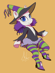Size: 600x800 | Tagged: safe, artist:grissaecrim, rarity, pony, unicorn, g4, bipedal, clothes, costume, crossover, female, halloween, halloween costume, hat, high heels, holiday, looking at you, mare, orange background, scary godmother, shoes, simple background, smiling, socks, solo, striped socks, tabitha st. germain, voice actor joke, wings, witch costume, witch hat
