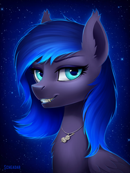 Size: 900x1200 | Tagged: safe, artist:scheadar, oc, oc only, oc:nyreen, bat pony, pony, bust, fangs, female, grin, mare, portrait, smiling, solo