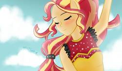 Size: 1280x750 | Tagged: safe, artist:meqiopeach, sunset shimmer, equestria girls, equestria girls specials, g4, my little pony equestria girls: dance magic, alternate hairstyle, blushing, clothes, cloud, dancing, eyes closed, female, flamenco dress, hair, sky, sunset shimmer flamenco dress