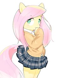 Size: 1451x1933 | Tagged: safe, artist:30clock, fluttershy, pegasus, semi-anthro, g4, clothes, cute, daaaaaaaaaaaw, female, looking at you, looking back, mare, moe, shyabetes, simple background, skirt, skirt lift, smiling, solo, sweater, sweatershy, white background