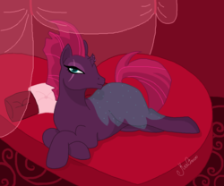Size: 1024x853 | Tagged: safe, artist:kalimoo-art, tempest shadow, g4, my little pony: the movie, bed, bedroom eyes, sultry pose