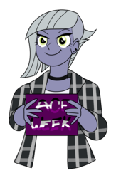 Size: 2015x3087 | Tagged: safe, artist:berrypunchrules, limestone pie, equestria girls, g4, asexual, asexual pride flag, ear piercing, earring, female, high res, jewelry, piercing, pride, sign, simple background, smiling, solo