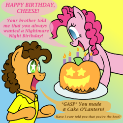 Size: 850x850 | Tagged: safe, artist:crazynutbob, cheese sandwich, pinkie pie, g4, birthday, cake, cake-o-lantern, candle, dialogue, food, gradient background, halloween, holiday, jack-o-lantern, pumpkin, starry eyes, wingding eyes