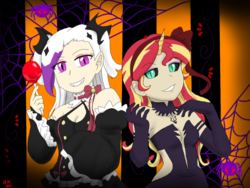 Size: 800x600 | Tagged: safe, artist:fallenangel5414, sunset shimmer, spider, equestria girls, g4, anime reference in the description, clothes, gamera, halloween, holiday, horn, hyper gyaos, irys, puella magi madoka magica, seraph of the end