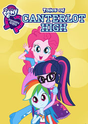 Size: 426x597 | Tagged: safe, pinkie pie, rainbow dash, sci-twi, twilight sparkle, equestria girls, equestria girls specials, g4, official, boots, bowtie, clothes, equestria girls logo, glasses, high heel boots, logo, ponytail, shipping fuel, shirt, shoes, skirt, tales of canterlot high, trio, wristband