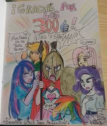 Size: 819x960 | Tagged: safe, applejack, fluttershy, pinkie pie, rainbow dash, rarity, twilight sparkle, equestria girls, g4, 300, argentina, argentina is white, cape, clothes, helmet, image macro, meme, spanish, this is sparta, traditional art