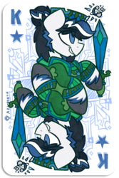 Size: 400x600 | Tagged: safe, artist:azimooth, oc, oc only, oc:jacob star seeker, pony, unicorn, blue eyes, cutie mark, facial hair, goatee, king, playing card, ponytail, sideburns, skunk stripe, smiling, sword, unshorn fetlocks, weapon