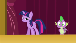 Size: 1360x764 | Tagged: safe, screencap, spike, twilight sparkle, dragon, pony, g4, my little pony: friendship is magic, too many pinkie pies, scrunchy face