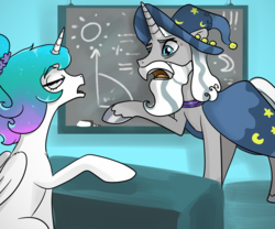 Size: 3000x2500 | Tagged: safe, artist:mylittlegodzilla, princess celestia, star swirl the bearded, alicorn, pony, unicorn, g4, chalkboard, female, high res, male, mare, stallion, teaching