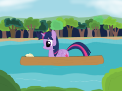 Size: 1600x1200 | Tagged: safe, artist:elermita800, twilight sparkle, alicorn, pony, g4, book, canoe, female, forest, lake, reading, solo, tree, twilight sparkle (alicorn)