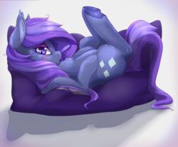 Size: 1024x842 | Tagged: safe, artist:csox, oc, oc only, bat pony, pony, bat pony oc, blush sticker, blushing, chest fluff, commission, female, gradient background, looking at you, mare, pillow, solo, underhoof, ych result