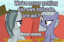 Size: 665x434 | Tagged: safe, edit, edited screencap, screencap, limestone pie, marble pie, earth pony, pony, g4, my little pony: friendship is magic, rock solid friendship, colored text, duo, image macro, looking at each other, meme, meta, nope, sitting, unamused