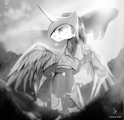 Size: 1024x992 | Tagged: safe, artist:zidanemina, oc, oc only, oc:rainbow shield, alicorn, pony, alicorn oc, armor, gift art, helmet, monochrome, solo, watermark