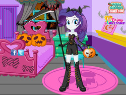 Size: 800x600 | Tagged: safe, artist:user15432, rarity, human, unicorn, equestria girls, g4, axe, clothes, color design, costume, devil horns, devil rarity, dress up, dressup, enjoy dressup, flash game, halloween, halloween costume, hasbro, hasbro studios, holiday, jack-o-lantern, pumpkin, solo, weapon