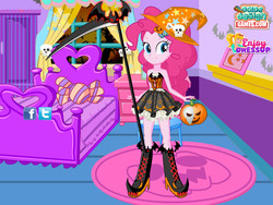 Size: 800x600 | Tagged: safe, artist:user15432, pinkie pie, human, equestria girls, g4, axe, clothes, color design, costume, dress up, dressup, dressup game, enjoy dressup, flash game, halloween, halloween costume, hasbro, hasbro studios, hat, holiday, jack-o-lantern, pumpkin, solo, weapon, witch hat