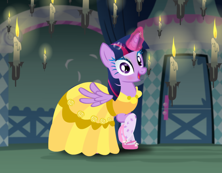 1568890 - safe, artist:user15432, twilight sparkle, alicorn, pony, beauty  and the beast, belle, candle, candlelight, candlestick, clothes, costume,  crossover, disney, disney princess, dress, dress up, dress up game, dressup,  female, glowing horn,