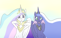 Size: 1280x802 | Tagged: safe, artist:hecc95, princess celestia, princess luna, pony, belly, belly button, celestia is amused, crown, cute, cutelestia, female, jewelry, lunabetes, majestic as fuck, mare, princess luna is amused, regalia, royal sisters, sillestia, silluna, silly, silly pony, smiling, tongue out
