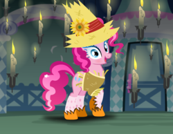 Size: 1020x793 | Tagged: safe, artist:user15432, pinkie pie, earth pony, pony, g4, clothes, costume, dress up, dress up game, dressup, female, halloween, halloween costume, hasbro, hasbro studios, hat, holiday, mare, scarecrow, scarecrow pony, shoes, solo, stockings, thigh highs