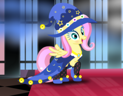 Size: 1020x793 | Tagged: safe, artist:user15432, fluttershy, pegasus, pony, g4, clothes, costume, dress up, dress up game, dressup, female, halloween, halloween costume, hasbro, hasbro studios, hat, holiday, mare, shoes, solo, stockings, thigh highs, witch, witch hat, wizard, wizard hat