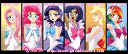 Size: 3736x1605 | Tagged: safe, artist:shinta-girl, applejack, fluttershy, pinkie pie, rainbow dash, rarity, twilight sparkle, human, g4, anime, armpits, beautiful, bow, clothes, crossed arms, cute, dark skin, dress, ear piercing, element of generosity, element of honesty, element of kindness, element of laughter, element of loyalty, element of magic, elements of harmony, eyeshadow, gloves, group, hair over one eye, humanized, light skin, lipstick, long gloves, looking at you, looking up, makeup, open mouth, peace sign, piercing, sailor moon (series), sailor senshi, sailor uniform, smiling, stars