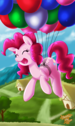 Size: 2700x4500 | Tagged: safe, artist:danmakuman, pinkie pie, earth pony, pony, g4, balloon, eyes closed, female, floating, high res, mare, open mouth, ponyville, scenery, solo, then watch her balloons lift her up to the sky