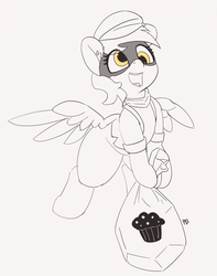 Size: 1280x1624 | Tagged: safe, artist:pabbley, derpy hooves, pegasus, pony, g4, 30 minute art challenge, bag, clothes, female, flying, mare, mask, muffin thief, open mouth, partial color, solo, thief