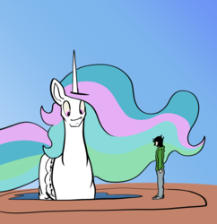 Size: 1928x1994 | Tagged: dead source, safe, artist:greyscaleart, princess celestia, oc, oc:human grey, alicorn, human, pony, g4, ethereal mane, female, flowing mane, funny, giantlestia, growth, looking down, macro, male, mare, multicolored mane, multicolored tail, praise the sun, purple eyes, size comparison, swimming pool, wings