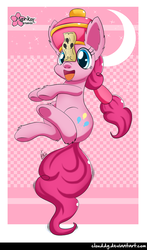 Size: 586x1000 | Tagged: safe, artist:clouddg, pinkie pie, earth pony, jiangshi, pony, g4, cute, diapinkes, female, hat, hopping, mare, ofuda, open mouth, paper, paper talisman, solo, underhoof