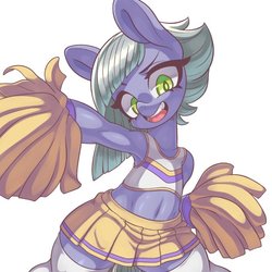 Size: 620x620 | Tagged: safe, artist:kaikoinu, limestone pie, earth pony, pony, g4, armpits, belly button, cheerleader, clothes, female, looking at you, mare, midriff, open mouth, pom pom, simple background, skirt, sleeveless, socks, solo, sports bra, thigh highs, white background