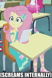 Size: 317x472 | Tagged: safe, edit, edited screencap, screencap, fluttershy, pinkie pie, human, equestria girls, equestria girls series, g4, caption, clothes, cropped, dress, female, image macro, impact font, meme, offscreen character, smiling, solo focus, text
