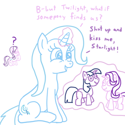Size: 1024x1024 | Tagged: safe, artist:solarfm, starlight glimmer, trixie, twilight sparkle, pony, unicorn, g4, dialogue, doll, female, glowing horn, horn, lesbian, ship:twistarlight, shipper on deck, shipping, the great and powerful shipper, toy
