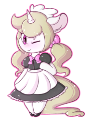 Size: 2185x2830 | Tagged: safe, artist:ashee, oc, oc only, oc:cherry blossom, blushing, bow, chibi, clothes, female, hair bow, high res, maid, one eye closed, shoes, simple background, socks, solo, transparent background, wink