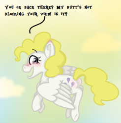Size: 610x620 | Tagged: safe, artist:yumigatchi, surprise, pony, g1, blushing, butt, female, flying, plot, solo