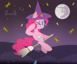 Size: 1628x1348 | Tagged: safe, artist:lieutenantkyohei, pinkie pie, g4, broom, candy, female, flying, flying broomstick, food, hat, mare in the moon, moon, night, one eye closed, solo, wink, witch hat