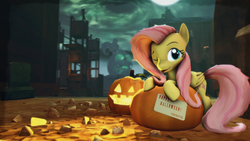 Size: 3840x2160 | Tagged: safe, artist:funsketch, fluttershy, g4, 3d, female, halloween, high res, holiday, jack-o-lantern, one eye closed, pumpkin, solo, source filmmaker, tongue out, wink