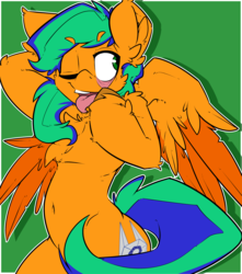 Size: 1768x2000 | Tagged: safe, artist:bbsartboutique, oc, oc only, oc:naarkerotics, pegasus, pony, arm behind head, armpits, cutie mark, funny face, one eye closed, simple background, unshorn fetlocks, wink