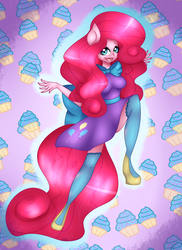 Size: 1024x1408 | Tagged: safe, artist:sachanart, pinkie pie, earth pony, anthro, plantigrade anthro, g4, clothes, cupcake, dress, female, food, solo