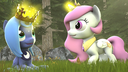 Size: 1920x1080 | Tagged: safe, artist:loveslove, princess celestia, princess luna, g4, 3d, cewestia, crown, female, filly, filly celestia, filly luna, grass, jewelry, magic, pink-mane celestia, poster, regalia, rock, source filmmaker, tree, woona, younger