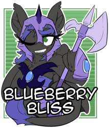 Size: 1649x1938 | Tagged: safe, artist:bbsartboutique, oc, oc only, oc:blueberry bliss, bat pony, armor, armpits, badge, bat pony oc, con badge, halberd, one eye closed, transparent background, weapon, wink