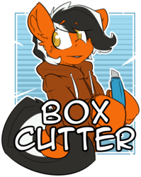 Size: 1651x2076 | Tagged: safe, artist:bbsartboutique, oc, oc only, oc:box cutter, earth pony, pony, badge, box cutter, con badge, transparent background