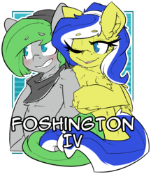 Size: 1752x2028 | Tagged: safe, artist:bbsartboutique, oc, oc only, oc:lemon frost, oc:trivial pursuit, arm behind back, badge, con badge, neckerchief, one eye closed, transparent background, wink