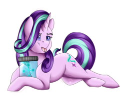 Size: 1200x1051 | Tagged: safe, artist:crecious, starlight glimmer, pony, unicorn, g4, bottle, cutie mark, female, prone, simple background, solo, tongue out, transparent background