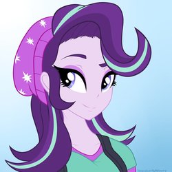 Size: 894x894 | Tagged: safe, artist:dreamyeevee, starlight glimmer, human, equestria girls, g4, beanie, bust, clothes, female, hat, portrait, raised eyebrow, smiling, solo