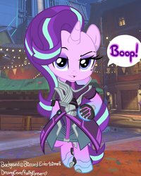 Size: 800x1000 | Tagged: safe, artist:dreamyeevee, starlight glimmer, pony, unicorn, g4, bipedal, boop, crossover, female, mare, overwatch, raised eyebrow, solo, sombra (overwatch), sombra glimmer