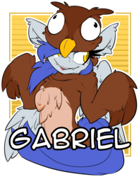 Size: 1609x2047 | Tagged: safe, artist:bbsartboutique, oc, oc only, oc:gabriel, owl, badge, clothes, con badge, costume, transparent background