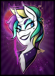Size: 2400x3300 | Tagged: safe, artist:cosmicchrissy, rarity, pony, unicorn, g4, it isn't the mane thing about you, alternate hairstyle, bust, chest fluff, curved horn, female, high res, horn, portrait, punk, raripunk, solo
