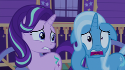 Size: 1280x720 | Tagged: safe, screencap, starlight glimmer, trixie, g4, to where and back again, floppy ears, hoof on cheek