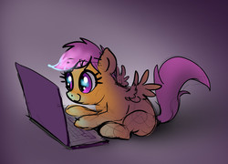 Size: 1323x953 | Tagged: safe, artist:xbi, scootaloo, pegasus, pony, g4, computer, female, filly, foal, laptop computer, sitting, sketch, solo, spread wings, wings