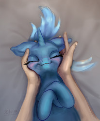 Size: 1061x1286 | Tagged: safe, artist:xbi, trixie, human, pony, unicorn, g4, bed, cute, diatrixes, hand, happy, on bed, petting